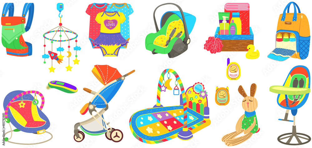 Baby care objects, newborn items supplies, set of icons. Devices for convenient pastime of mother with child. Clothing for children, educational, developing toys and items for transporting baby