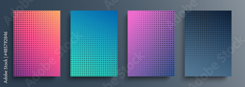 Minimalistic cover design templates with gradient halftone pattern. Set of color gradient layouts with halftone effect. Vector illustration.