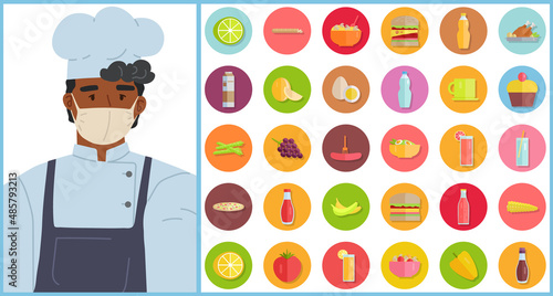 Male character cook using face mask for covid 19 during pandemic vector isolated illustration. Man kitchener follows quarantine rules against spread of virus, takes care of his health and colleagues