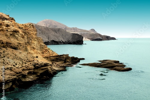 Coal Creek, tongues of lava eroded by the sea, the auto clastic gaps or pyroclastic andesite, beachs, cliffs, the Natural Park of Cabo de Gata, Almería, Andalusia, spain,