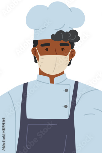 Male character cook using face mask for covid 19 during pandemic vector isolated illustration. Man kitchener follows quarantine rules against spread of virus, takes care of his health and colleagues