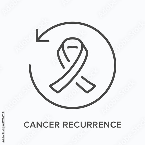 Cancer recurrence flat line icon. Vector outline illustration of circle and ribbon. Black thin linear pictogram for healthcare