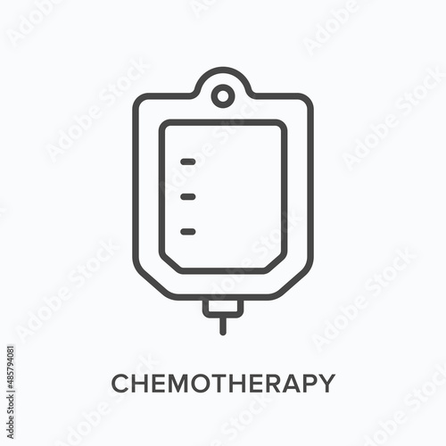 Chemotherapy flat line icon. Vector outline illustration of iv bag. Black thin linear pictogram for cancer healthcare