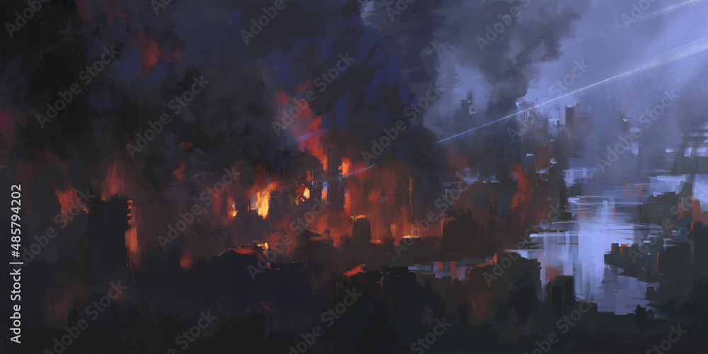 destroyed city ruins, 3D illustration destroyed city ruins, 3D illustration