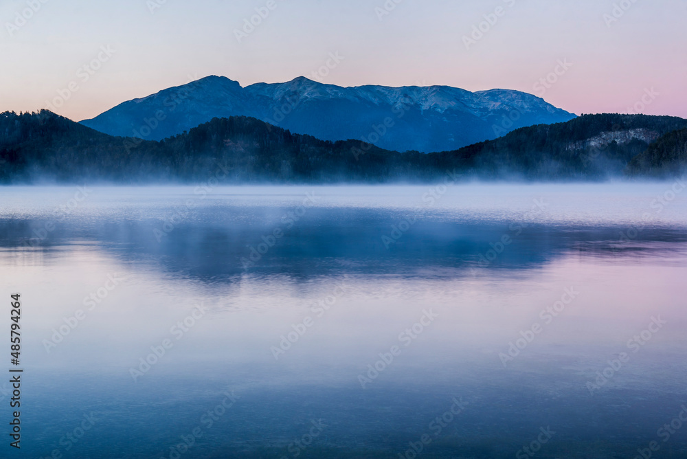 Misty sunrise at Nahuel Huapi Lake (Lago Nahuel Huapi), Villa la Angostura, Neuquen, Patagonia, Argentina, South America