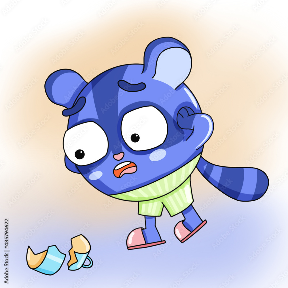Fototapeta premium A small round raccoon broke a cup and got scared
