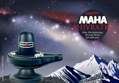 Greeting card with Shivling (Lingam) and starry sky for Maha Shivratri, a Hindu festival celebrated of Lord Shiva. Vector illustration.