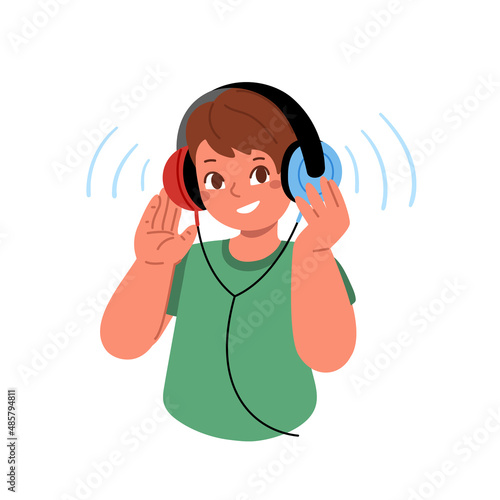 Kid listen music with headphones on his head.Vector flat illustration