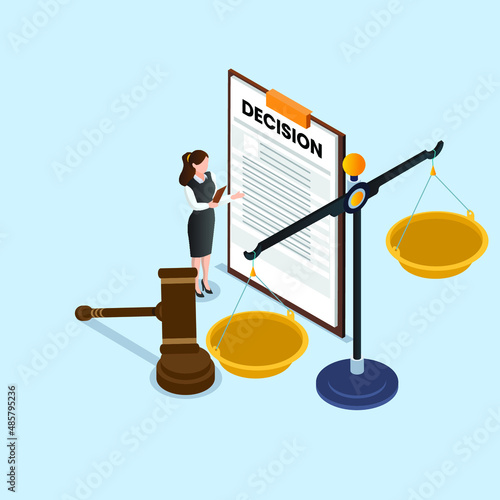 Decision vector concept. Businesswoman looking at decision file on the clipboard while standing with judge gavel and scales of justice