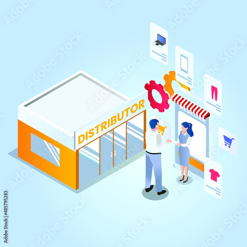 Distribution vector concept. Female seller handshaking with male distributor while standing in the front of the shop