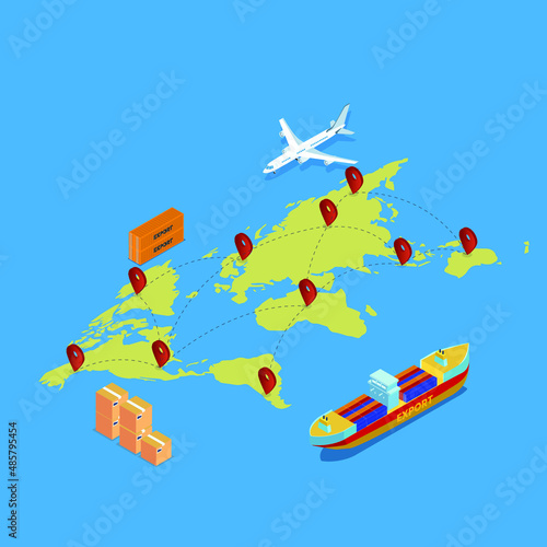 Shipping vector concept. Airplane and ship delivering export packages on the worldwide with location pins on the world map