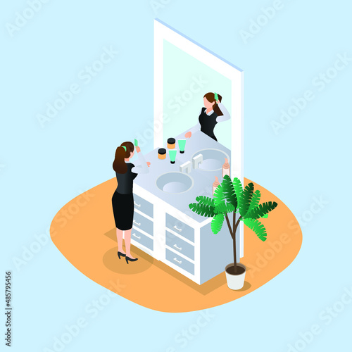Preparation vector concept. Young woman combing her hair and looking at mirror while getting ready before going to work