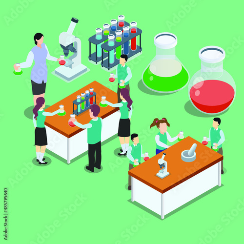 Education vector concept. Female biology teacher explaining chemical liquid to her students in the laboratory