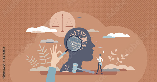 Forensic psychology as interrogation of suspect criminal tiny person concept. Mental research and interview for investigation about behavior for court vector illustration. Social therapist for victims
