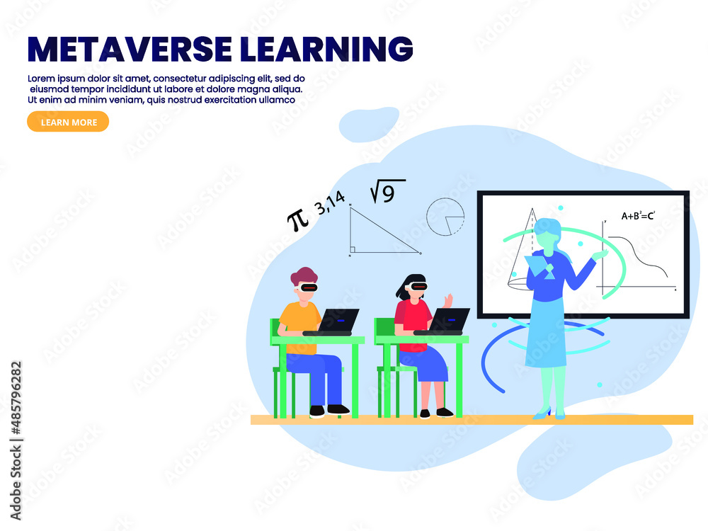 Metaverse vector concept. Two students using a VR goggles while learning mathematics in the metaverse with their teacher