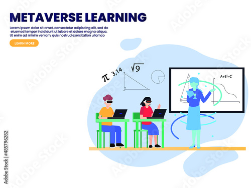 Metaverse vector concept. Two students using a VR goggles while learning mathematics in the metaverse with their teacher