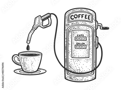Coffee Gas station sketch engraving vector illustration. T-shirt apparel print design. Scratch board imitation. Black and white hand drawn image.