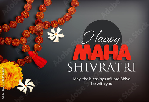 Greeting card with rudraksha (beads) and flowers (zendu, parijat) for Maha Shivratri, a Hindu festival celebrated of Lord Shiva. Vector illustration.