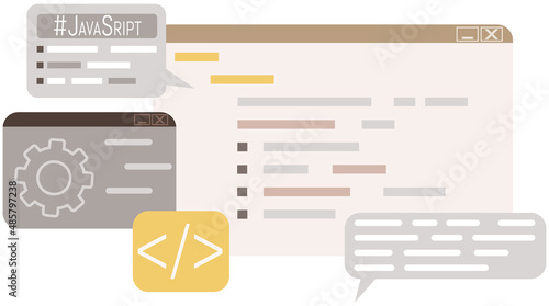 Application for work of programmers graphics creation and completing tasks vector illustration of screen with information letters and gear. Software development program. Concept of working on computer