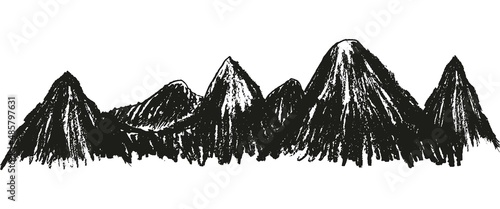 Rough, hand-drawn hatching mountain range doodle. Vector black and white sketch isolated on transparent background