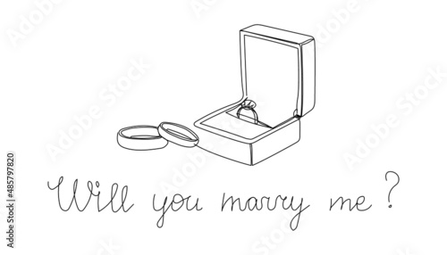 Will you marry me one line art. Continuous line drawing of box with an engagement ring and wedding rings, propose.