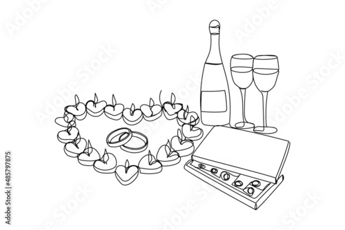 Tea candles, champagne and glasses, box of chocolates and weeding ring continuous line drawing. One line art of flowers, romantic, 14 february, heart, relationships, sweets, gift, love, peonies.
