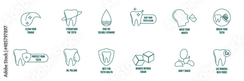 icon set Strengthen the teeth, clean your tongue, Take fat-soluble vitamins, keep your teeth clean, wash your mouth, brush your teeth, oil pulling, remove refined sugar, and eat minerals