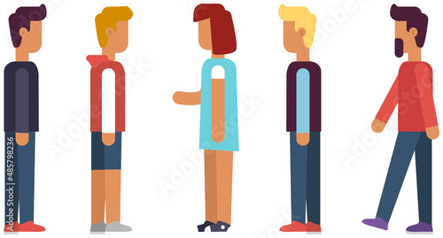 Group of people queue standing waiting together. Men and women stand in line and communicate. Characters are waiting, talking. Order in following, guys and lagy in queue isolated on white background