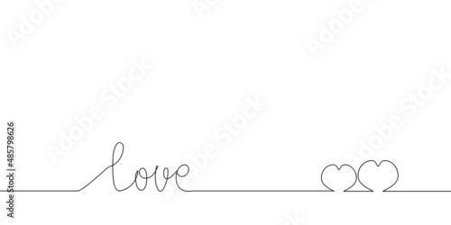 Love handwritten continuous line drawing. One line art of english hand written lettering with hearts, phrase on line greeting card.