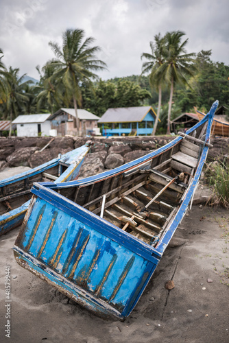 Traditionally shaped fishing boat in disrepair, Pulau Weh Island, Aceh Province, Sumatra, Indonesia, Asia