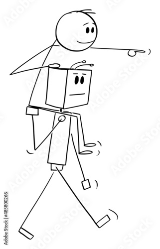 Robot Carrying Human Person on his Shoulders , Vector Cartoon Stick Figure Illustration