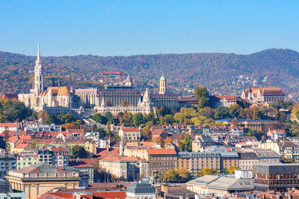 Castle hill with Fisherman bastion and Matthias church in autumn, Budapest, Hungary