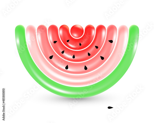 Volumetric multicolored slice of watermelon from a long balloon tube with black seeds. Colored inverted arch with highlights isolated on white background. Vector toy food. 3D rendering colorful object