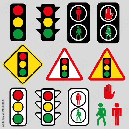 Set of traffic lights. Flat signal icons. Semaphore design. Vector
