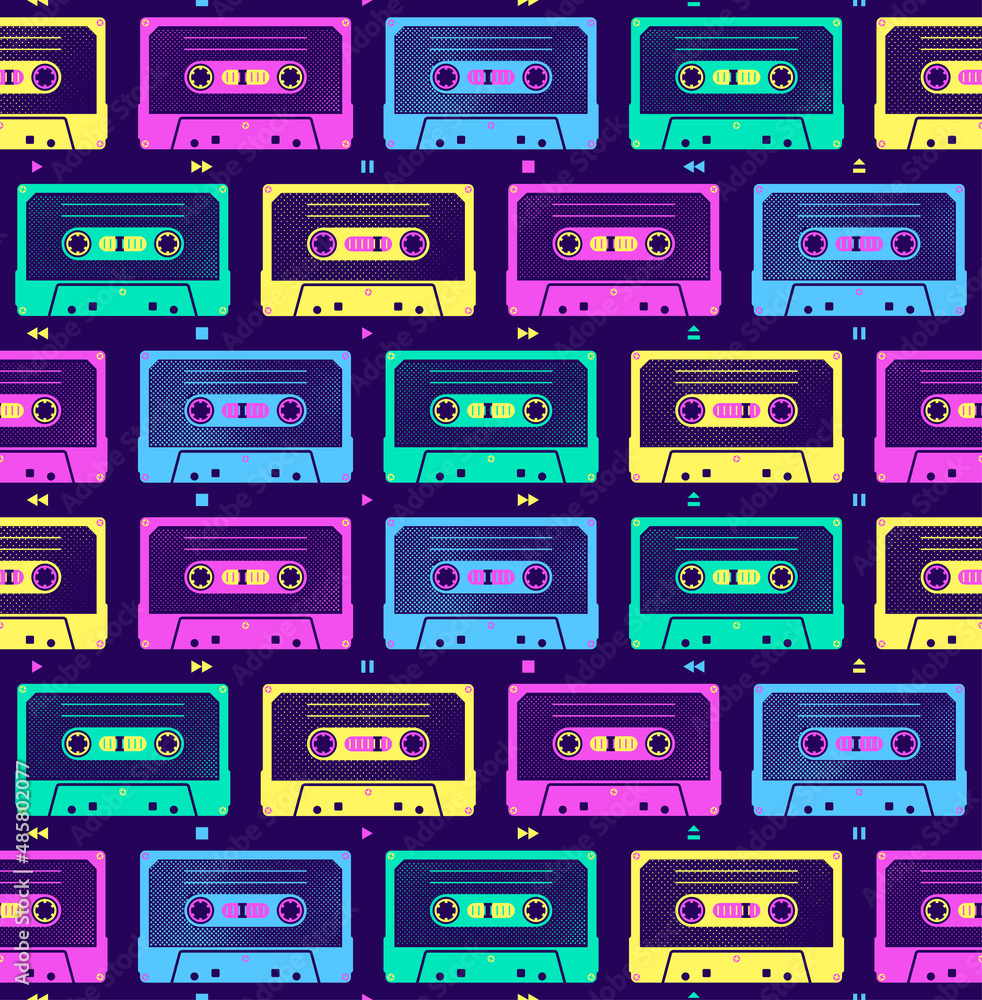 Audio cassettes. Bright seamless vector pattern in the style of the nineties Audio cassettes. Bright seamless vector pattern in the style of the nineties