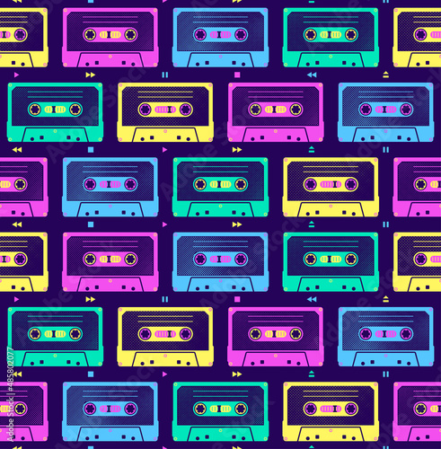 Audio cassettes. Bright seamless vector pattern in the style of the nineties