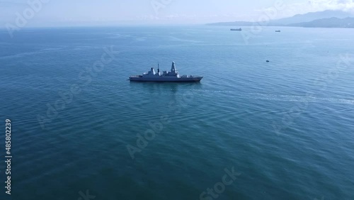 Aerial view of Royal Navy warship in the Black Sea. British warship drone view in the Georgian Black Sea port.