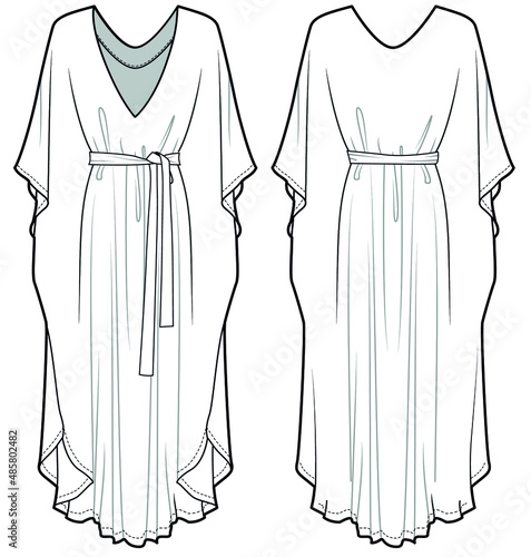 Abaya, Dubai Abaya Fashion, Modesty Dress, Butterfly Abaya Front and Back View. fashion illustration vector, CAD, technical drawing, flat drawing.