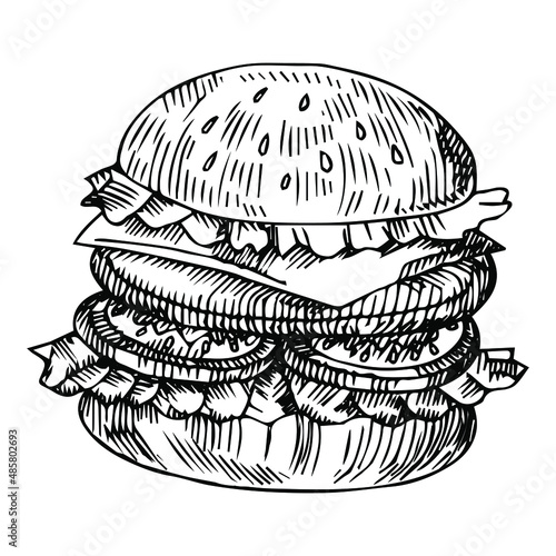 Hand drawn burger. Realistic vintage sketch. Black color vector illustration. Isolated on white background.