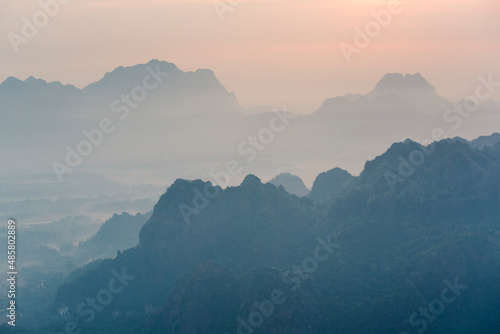 View from Mount Zwegabin at sunrise, Hpa An, Kayin State (Karen State), Myanmar (Burma)
