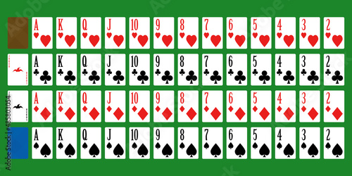 Full deck of poker playing cards on a green background