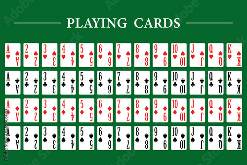 Playing cards full deck for poker on a green background