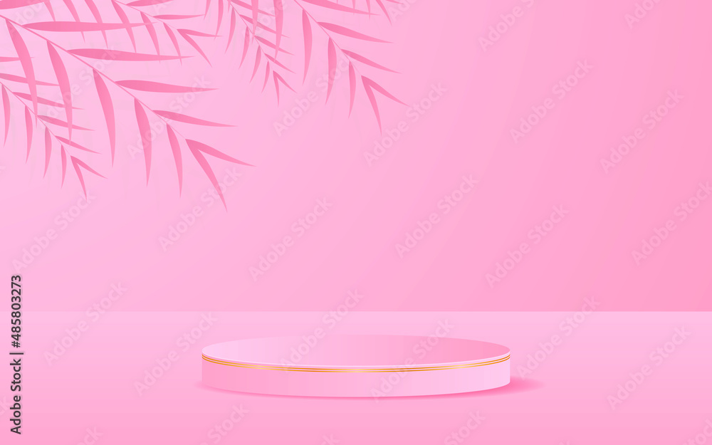 Abstract background scene with leaves hanging down. Pink plinth with golden lines for product presentation. Cosmetic product display. vector illustration
Abstract background scene with leaves hanging down. Pink plinth with golden lines for product presentation. Cosmetic product display. vector illustration