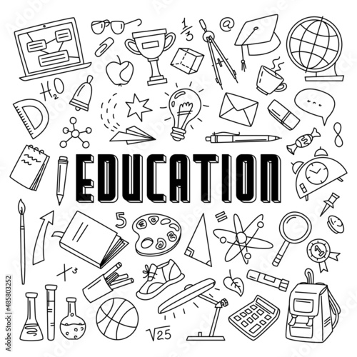 Education doodle objects set. Hand drawn background with school supplies and creative elements. Back to school. Vector illustration.