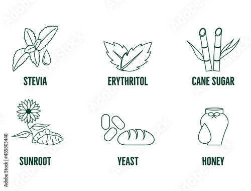 badges and icons set alternative sweeteners and flavors. for healthy and organic products-stevia, cane sugar, honey, erythritol, yeast, sunroot