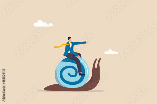 Slow growth, inefficient or stupid mistake, businessman idiot leader riding slow snail never reach goal, losing business competition.