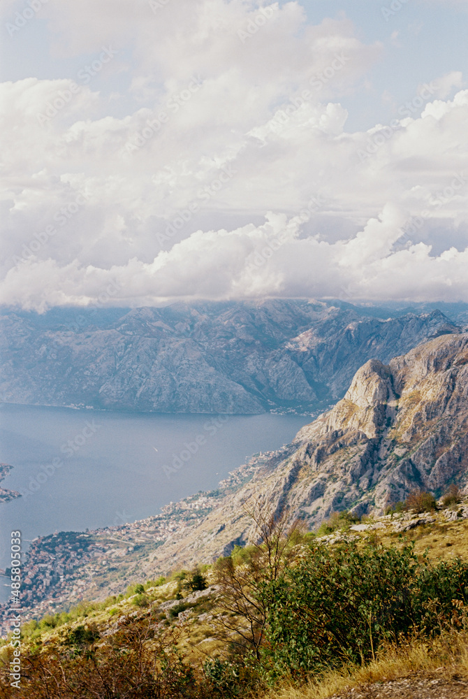 View from the tops of the mountains to the Kotor Bay and the town on the coast