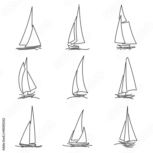 Set of simple vector images of sailing yachts with triangular sails on waves drawn in line style.
