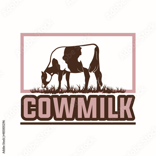 dairy milk cow logo, great silhuette of cattle eating grass vector illustration