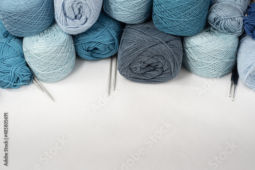 isolate yarn ball. Craft hobby with Vintage yarn ball on white ground, still life photo with soft focus. View from above. Handicraft day concept. Place for text. Crochet background blue Pastel.